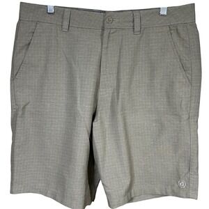 Hang Ten Mens Hybrid Shorts Size 36 Khaki Grid Pattern Stretch Surf Casual